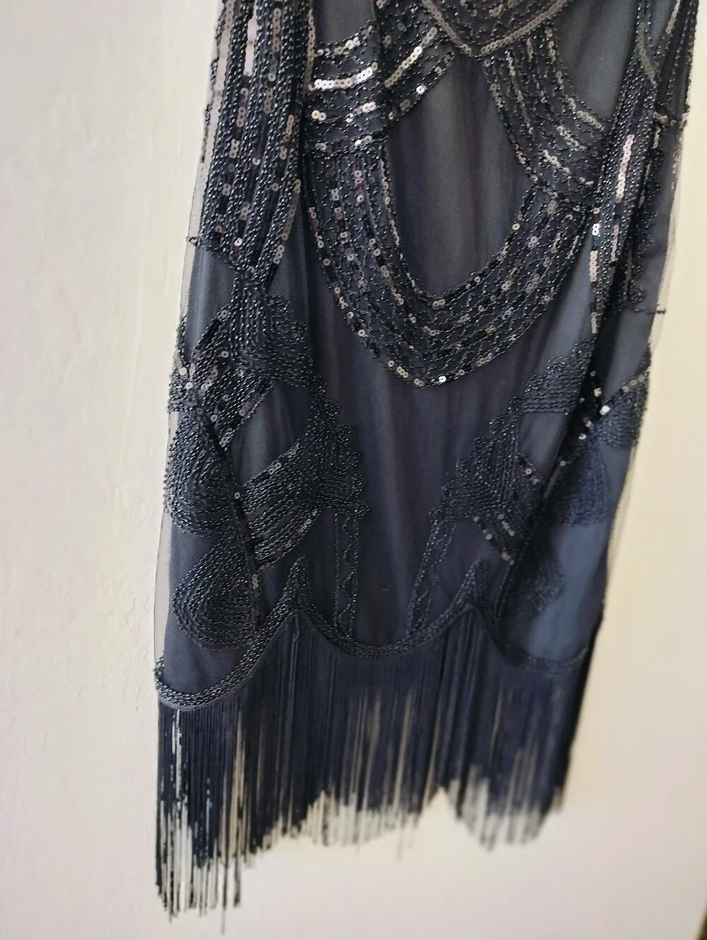 Black Sequined Fringe Art Deco Beaded Evening Cocktail Gown Flapper XL